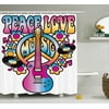 Groovy Decorations Shower Curtain Set, Peace Love Music Text With Peace Symbol, Guitar, Vinyl Records, Flowers Musical Notes , Bathroom Accessories, 69W X 70L Inches, By Ambesonne