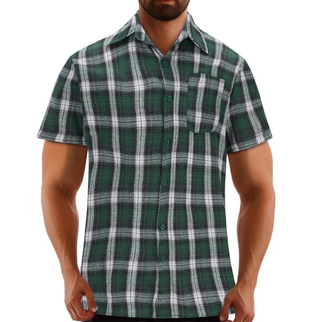 Penkiiy Chemise Tissée à Manches Courtes pour Homme, Coupe Régulière, Boutonnée, avec Poche, G Vert