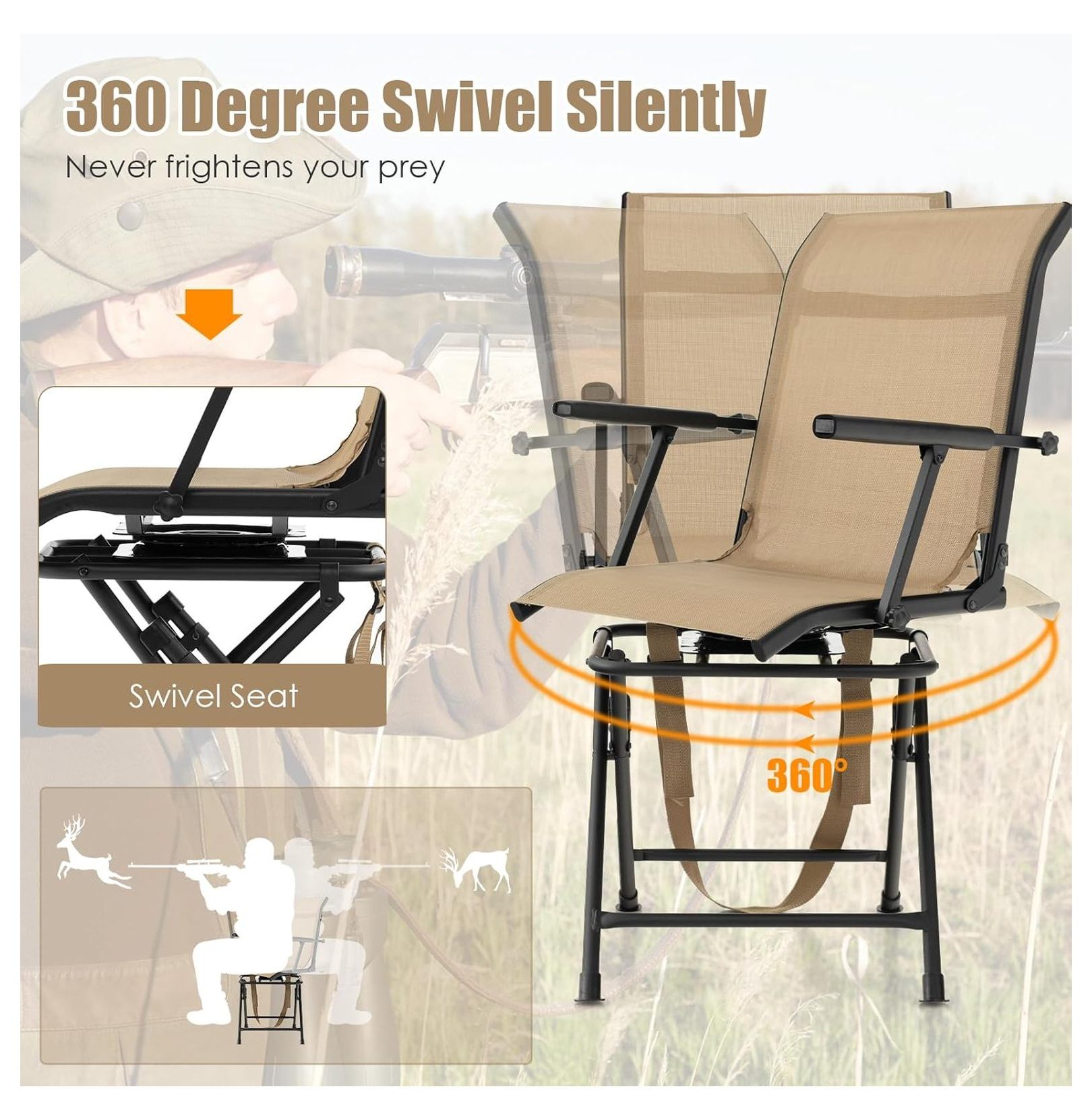 Hunting Chair, 360 Degree Swivel Hunting Blind Chair with Carry Handle, 330 lbs Capacity, Comfortable, Waterproof, Portable and Silent Folding Dove Hunting Chair for Blinds