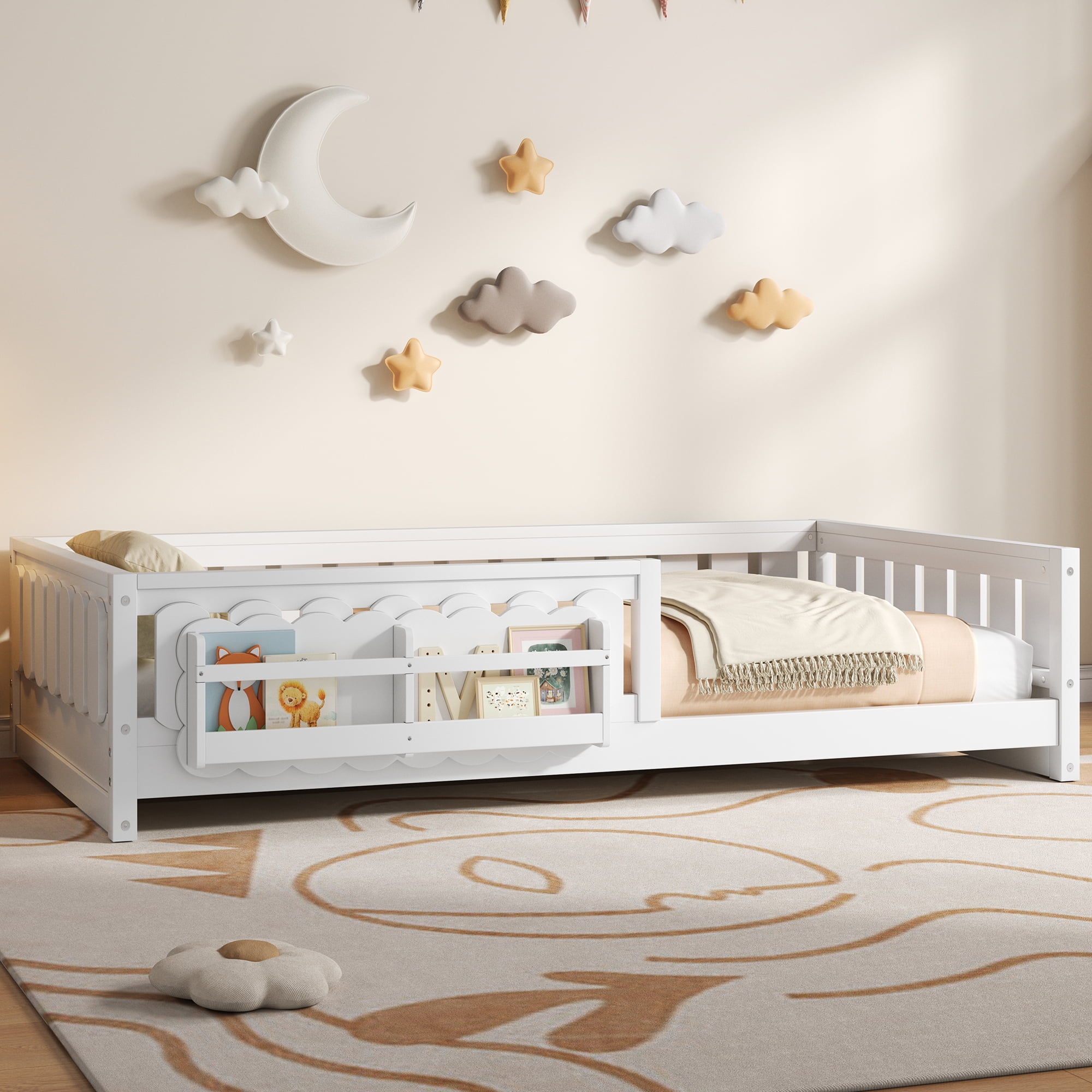 Euroco Wood Twin Size Platform Bed with Shelves, Floor Bed with Guardrails, White