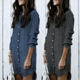 thumbnail image 2 of Office Lady Turn Down Collar Buttons Long Sleeve Fringe Denim Shirt Mini Dress, 2 of 8
