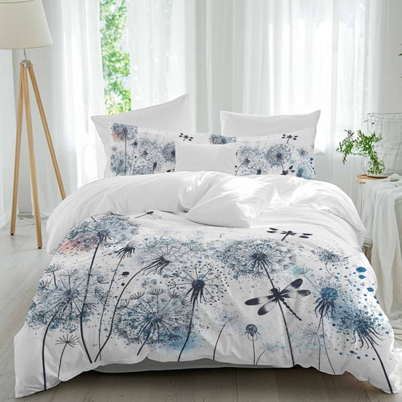 3 Piece Blue Teal Dandelion Duvet Cover Set Full Size, Microfiber Comforter/Quilt Cover with Corner Ties and 2 Pillowcases, Dragonfly Modern Art Watercolor All Season Soft Bedding with Zipper Closure