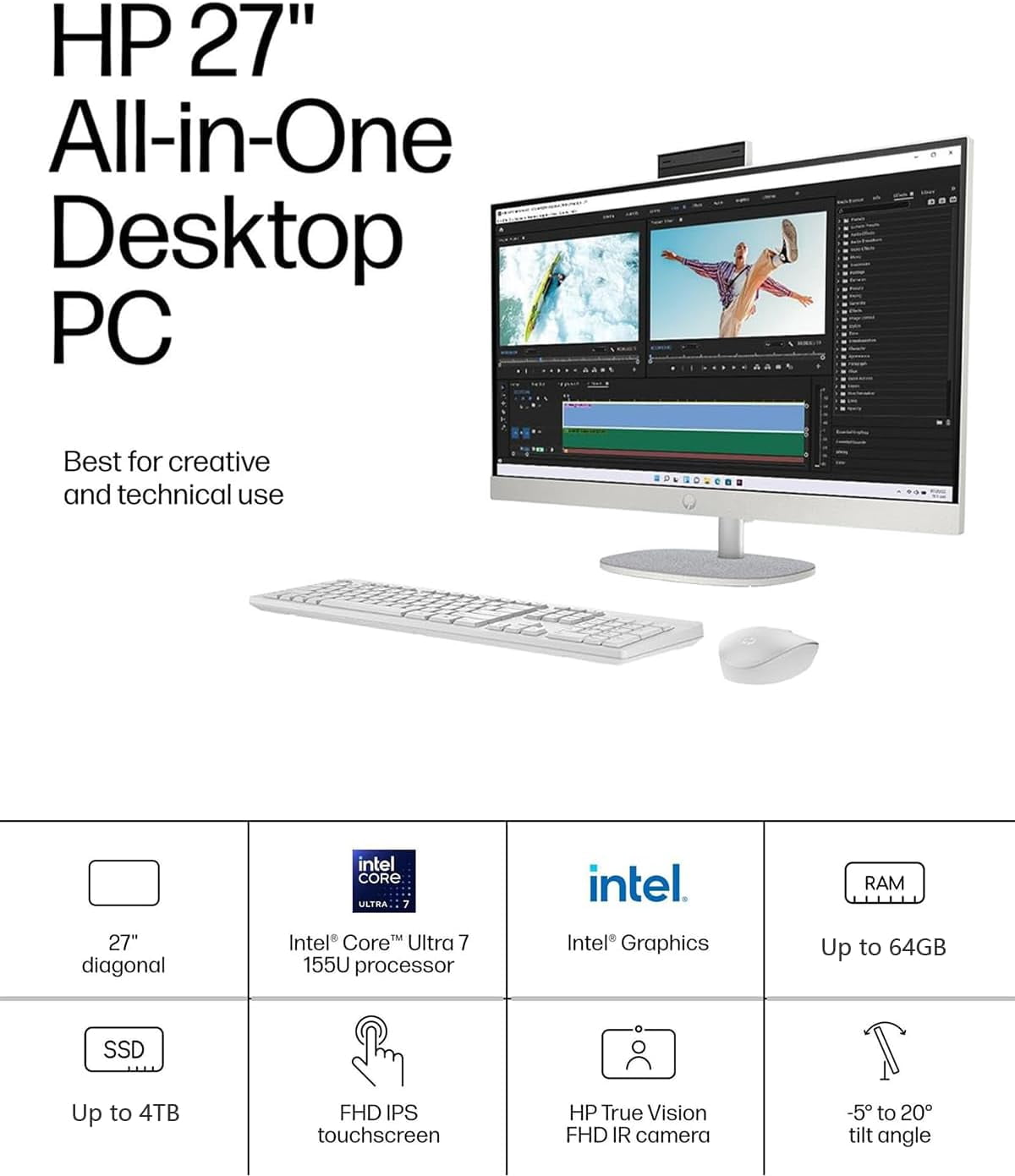 HP All in One Desktop Computer 27" FHD Touchscreen, Intel Core Ultra 7 155U, 64GB DDR5 RAM, 1TB SSD, Wi-Fi 6, Adjustable Height, Windows 11 Pro