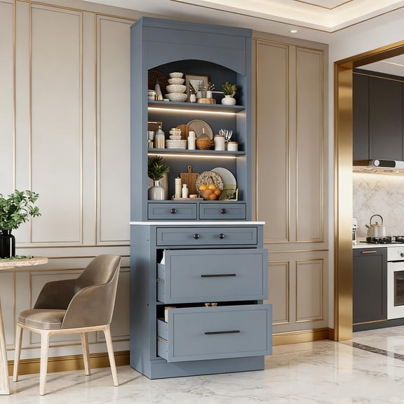 83.7" White Tall Kitchen Pantry Cabinet with Faux Marble Top, 5 Drawers and Adjustable Shelf, Freestanding Hutch for Kitchen or Dining Room