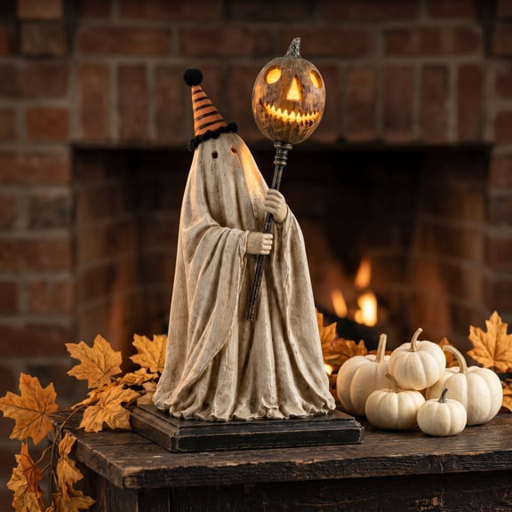 Halloween  Decor，Lighted Ghost Figurine with Glowing Pumpkin Staff, Halloween Mantel Tabletop Decor, Vintage Ghost Accent