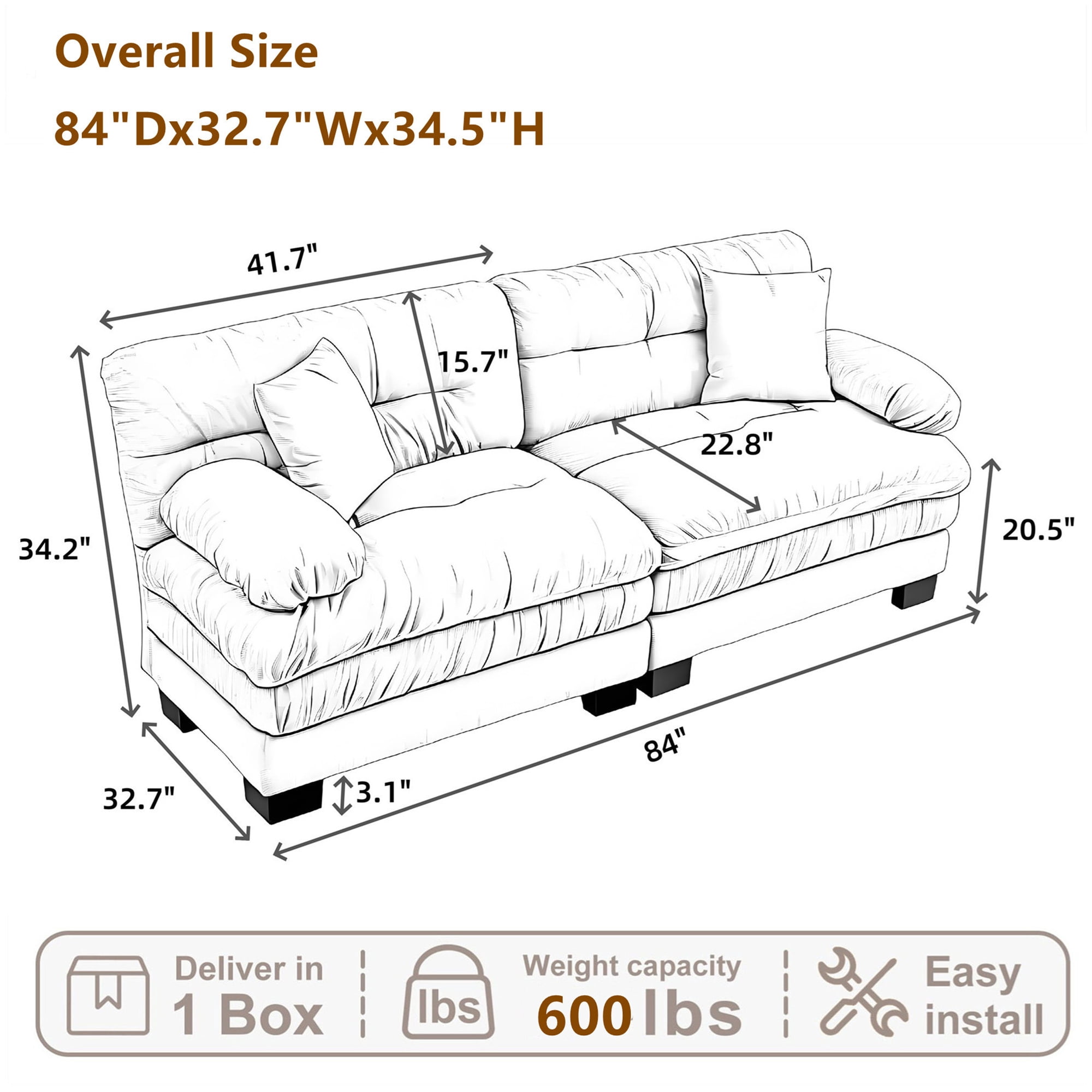 Aukfa 84" Deep Seat Couch Dual-Layer Cushion Modular Sofa for Living Room, 2 Pillows, Chenille, Blue