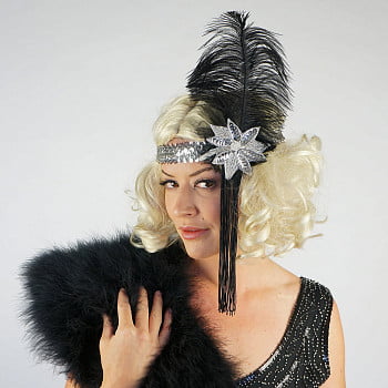 Ladies 20s 1920 Flapper Charleston Feather Headband Silver Gold Black Gatesby 