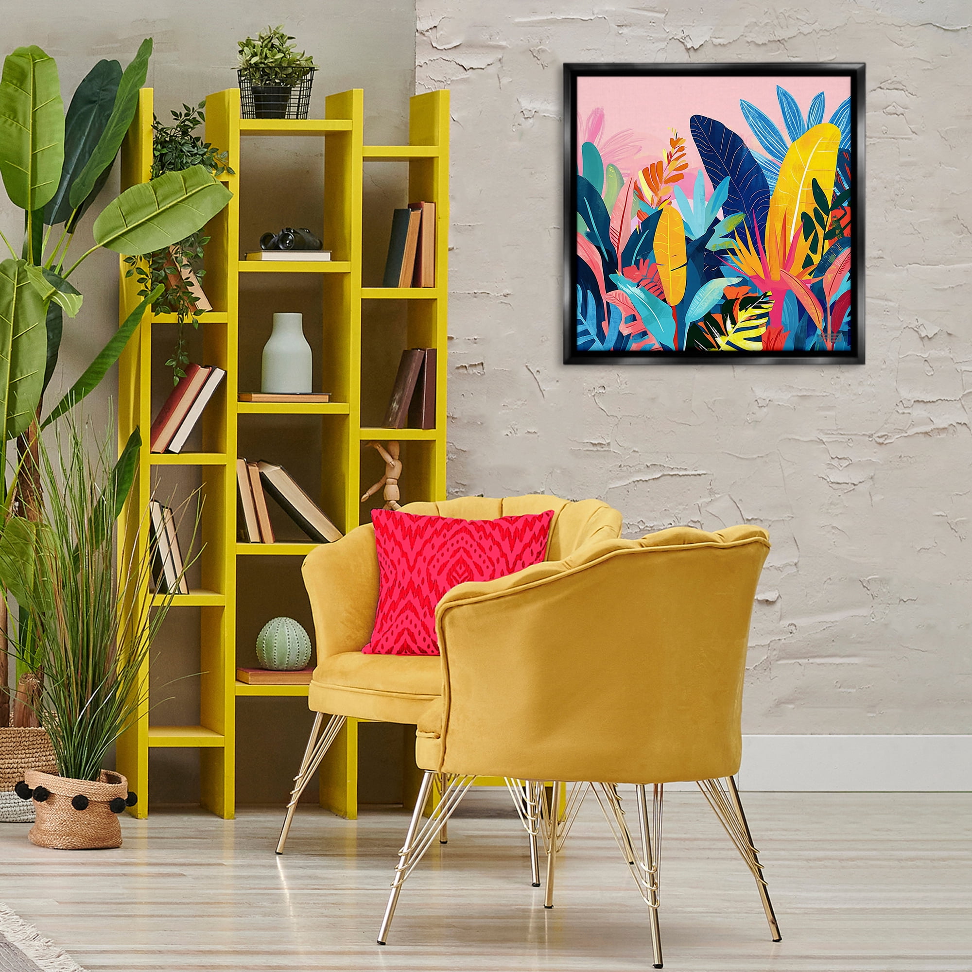 Stupell Industries Bold Tropical Jungle Leaves Botanical & Floral Painting Black Floater Framed Canvas Art Print Wall Art, 25 x 25