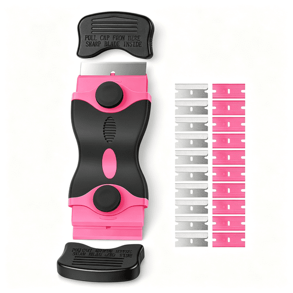 EXLEAF Razor Blade Scraper, 2-In-1 Scraper Tool with 10Pcs Metal Blades and 10Pcs Plastic Blades, Multi-Funtional Cleaning Razor Scraper for Decals, Stickers, Labels, Caulk, Adhesive Removal(Pink)