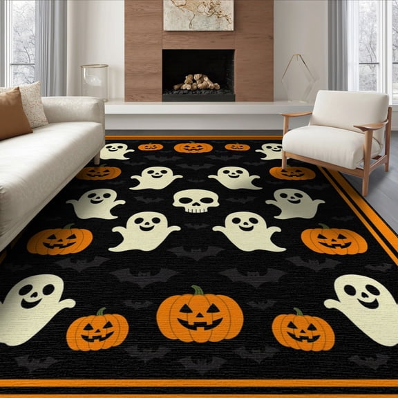 ODIKA 8'x10' Washable Area Rug Halloween Harvest Spirits Grinning Lantern Entrance Doormat Door for Living Room, Under Sectional, Family , Durable, Non-Slip