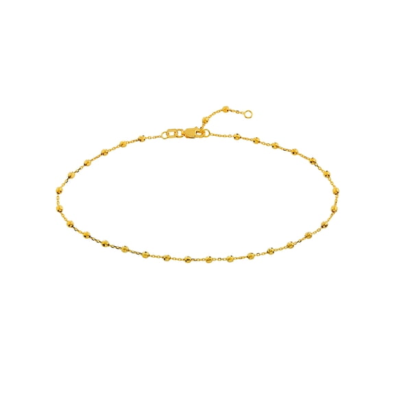 14k Yellow Gold 2.5mm Sparkle-Cut Bead Station Adjustable Anklet Lobster Lock Closure 10 Inch Anklet for Women