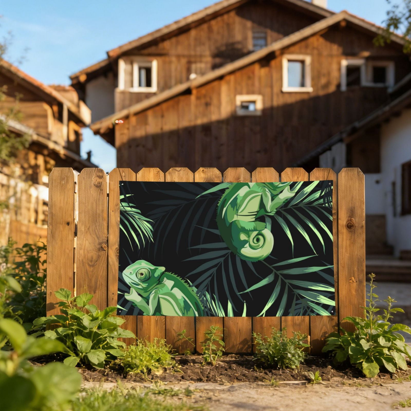 Chameleon Tropical Palm Leaves Four Hole Decorated Banner Flag for Garden Yard Home Decoration Indoor Outdoor 4x6 Ft