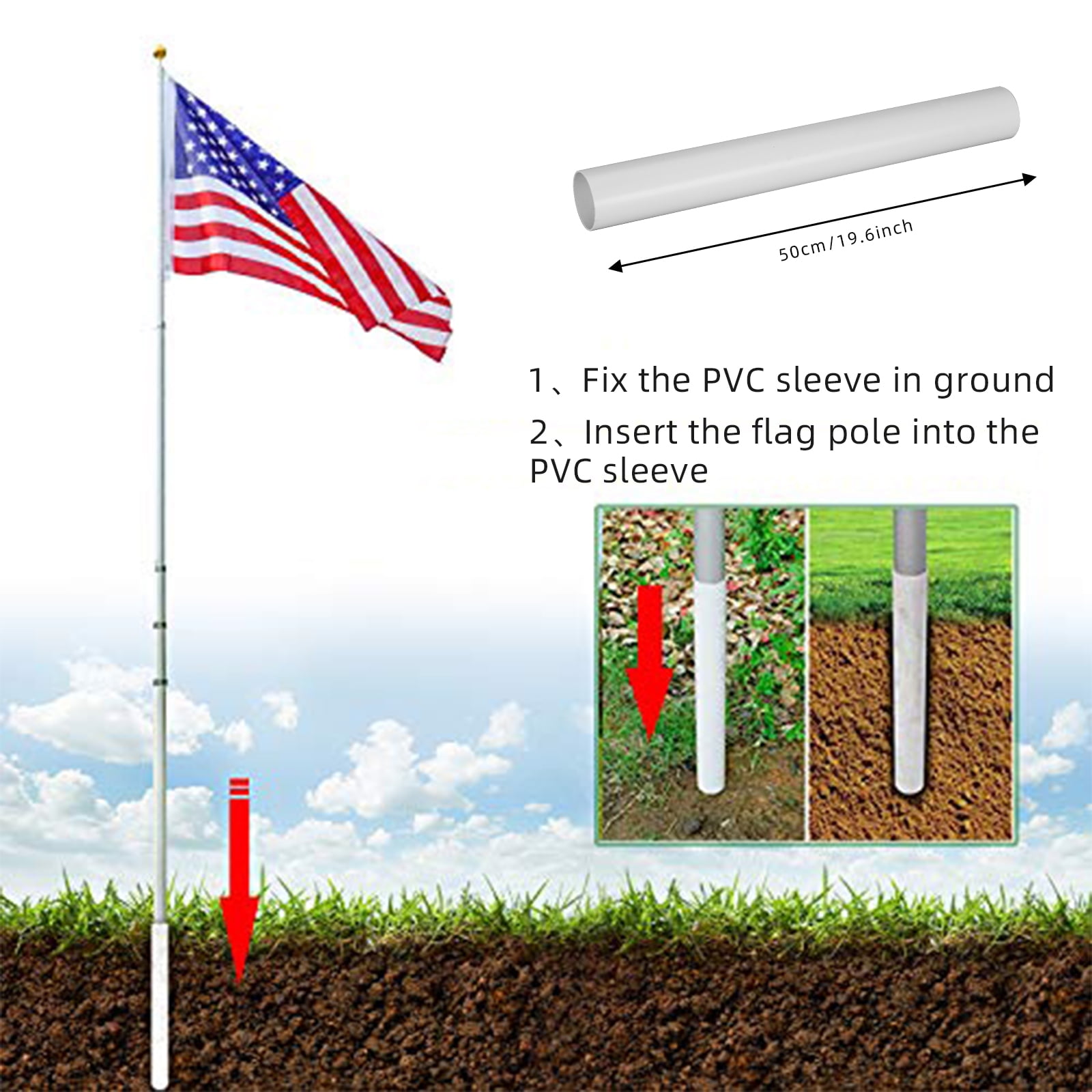 KTENME 20Ft Telescoping Flag Pole Kit, Aluminum Flag Poles with 3x5 USA Flag,  for Residential or Commercial Outside In Ground, Silver 