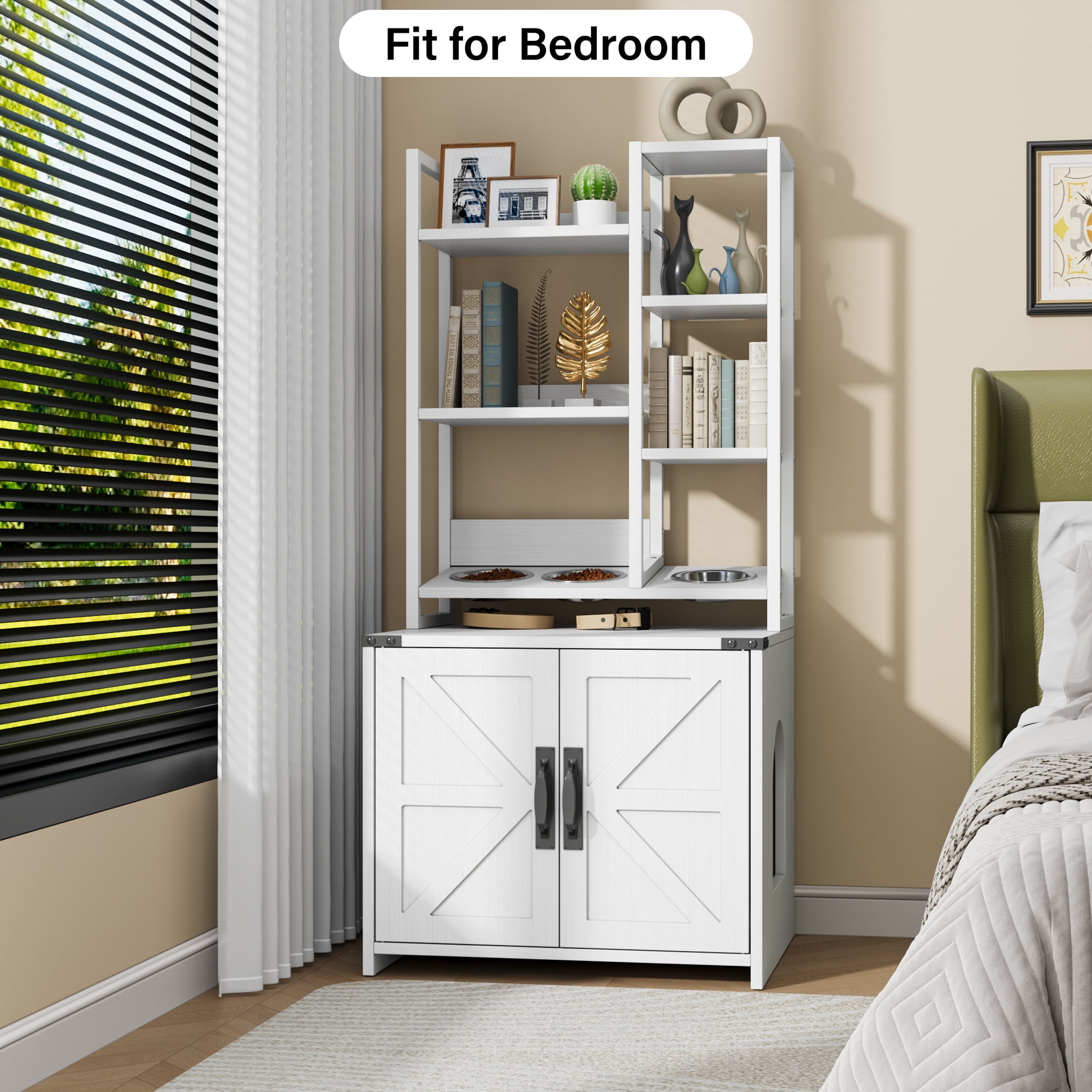ModFurne Cat Litter Box Enclosure with Feeding Station, Tall Cat Litter Box Furniture Hidden with 4-Tier Storage Shelves, White