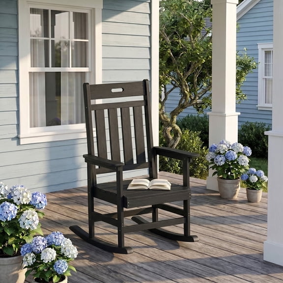 Homall Oversized HDPE Outdoor Rocking Chair, All-Weather Patio Rocker with Wide Armrests, Heavy-Duty 300LBS Outdoor Rocker Chair for Porch, Lawn & Backyard, Black