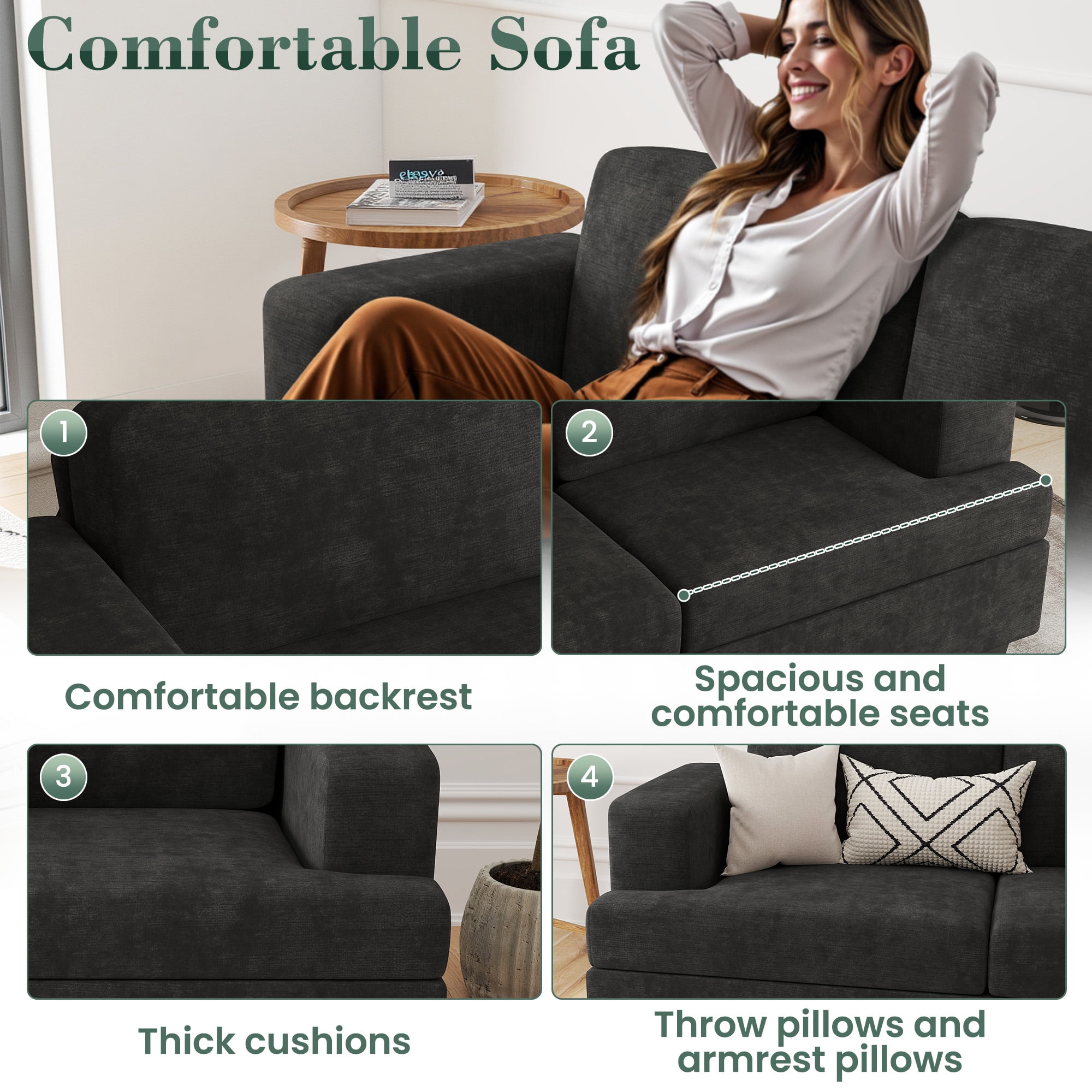 YOUDENOVA 89 Inch Sofa Couch, Modern 3-Seater Sofa for Living Room, Modern Sleeper Couches Deep Seat Sofa Lounge for Apartment, Black Chenille