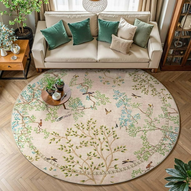 Alfombra redonda jinchan de 213 cm, color beige, con estampado de pájaros botánicos