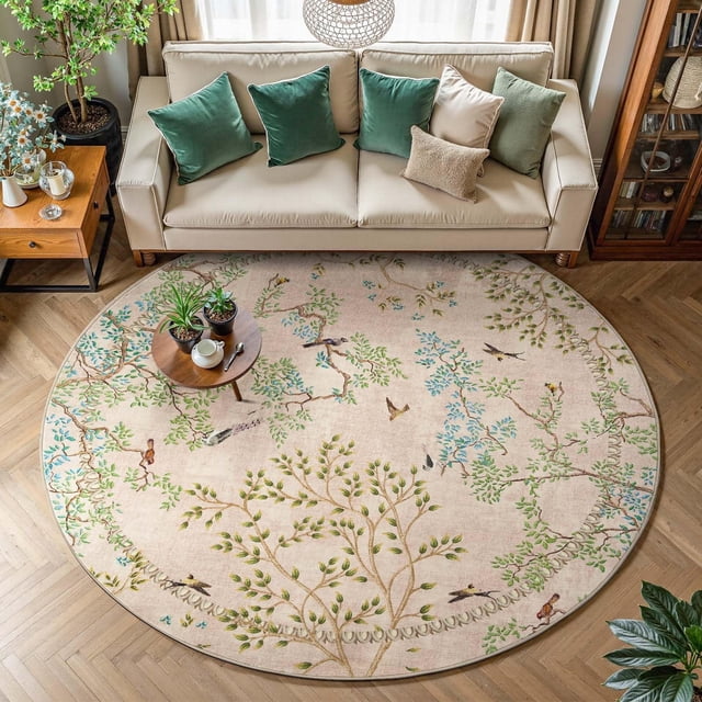 Alfombra redonda jinchan de 213 cm, color beige, con estampado de pájaros botánicos