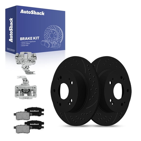 AutoShack Rear Solid Drilled & Slotted E-Coated Brake Rotors Black Finish   Ceramic Pads   Calipers 8-PC Brake Kit Replacement for 2013-2017 Honda Accord NightGuard 11.1" (282 mm)