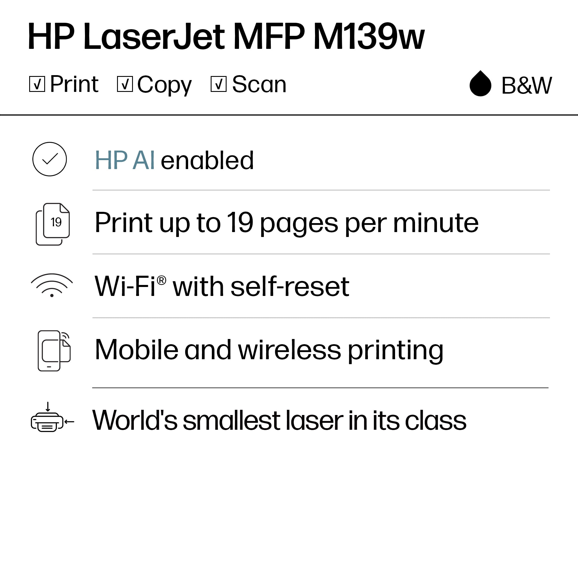 HP LaserJet MFP M139w Wireless All-in-One Black-and-White Laser Printer Scanner Copier, AI-enabled