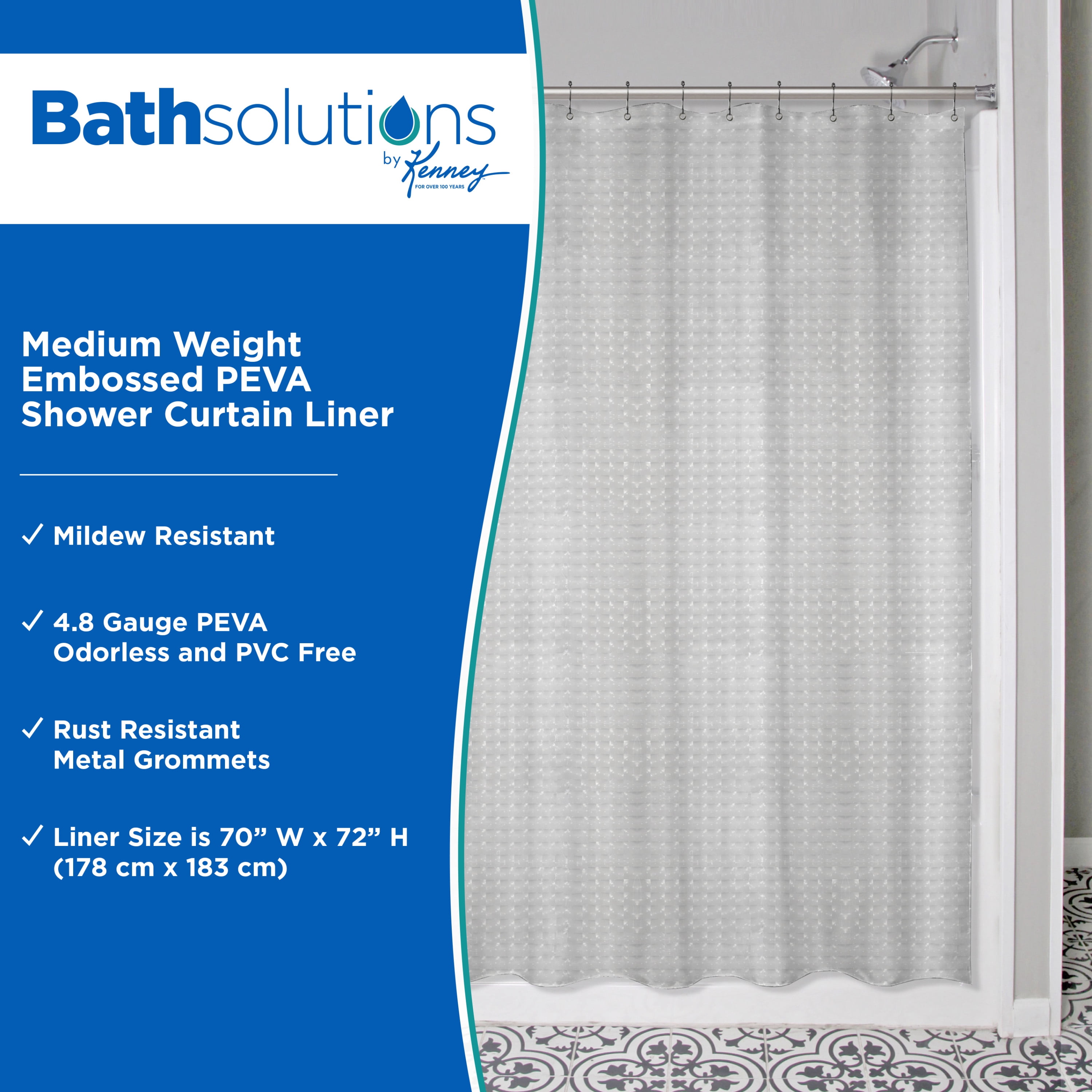 Kenney Medium Weight Embossed PEVA Shower Curtain Liner, 70" W x 72" H, Smoke