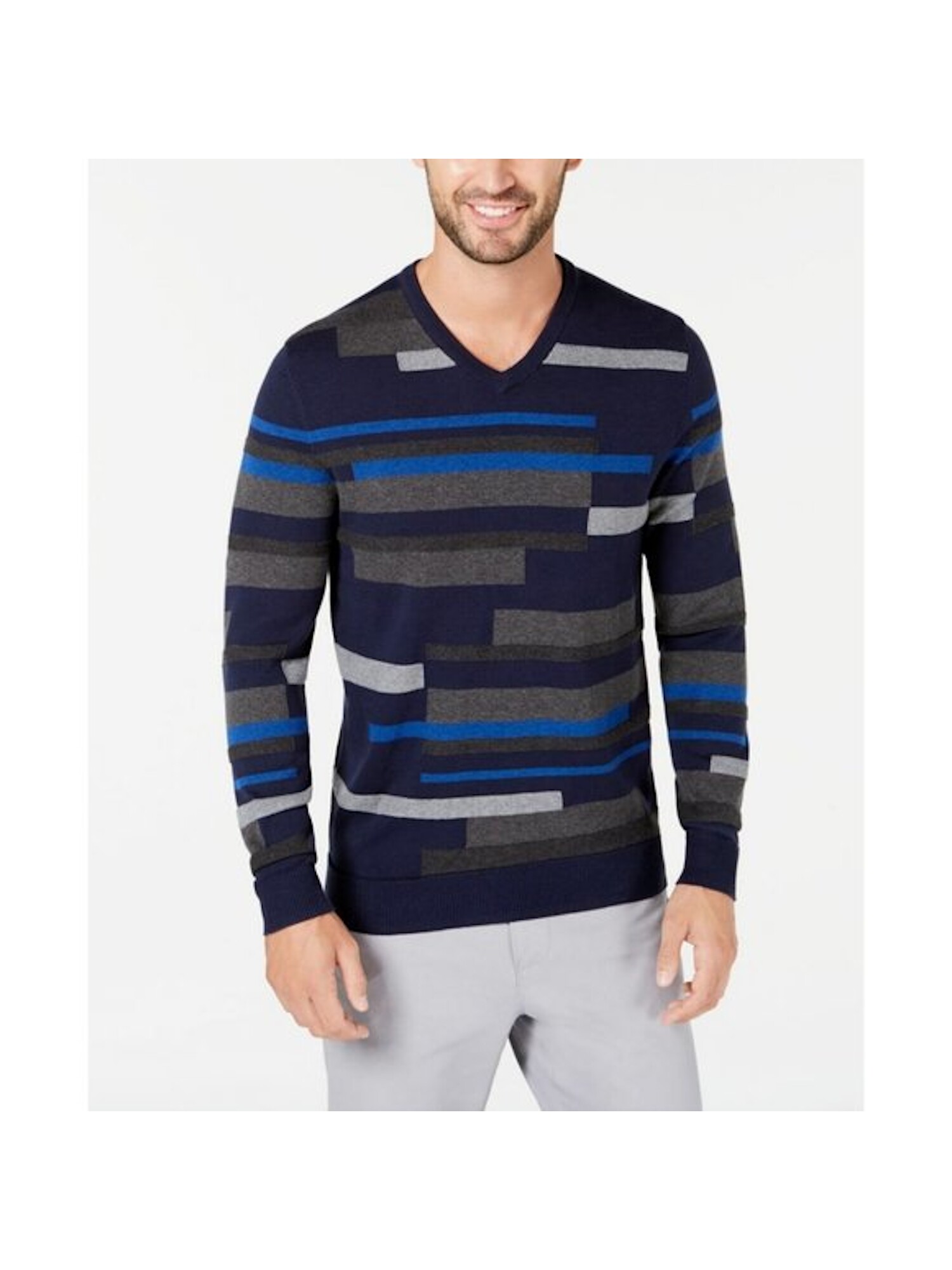 ALFANI Mens Navy Color Block V Neck 