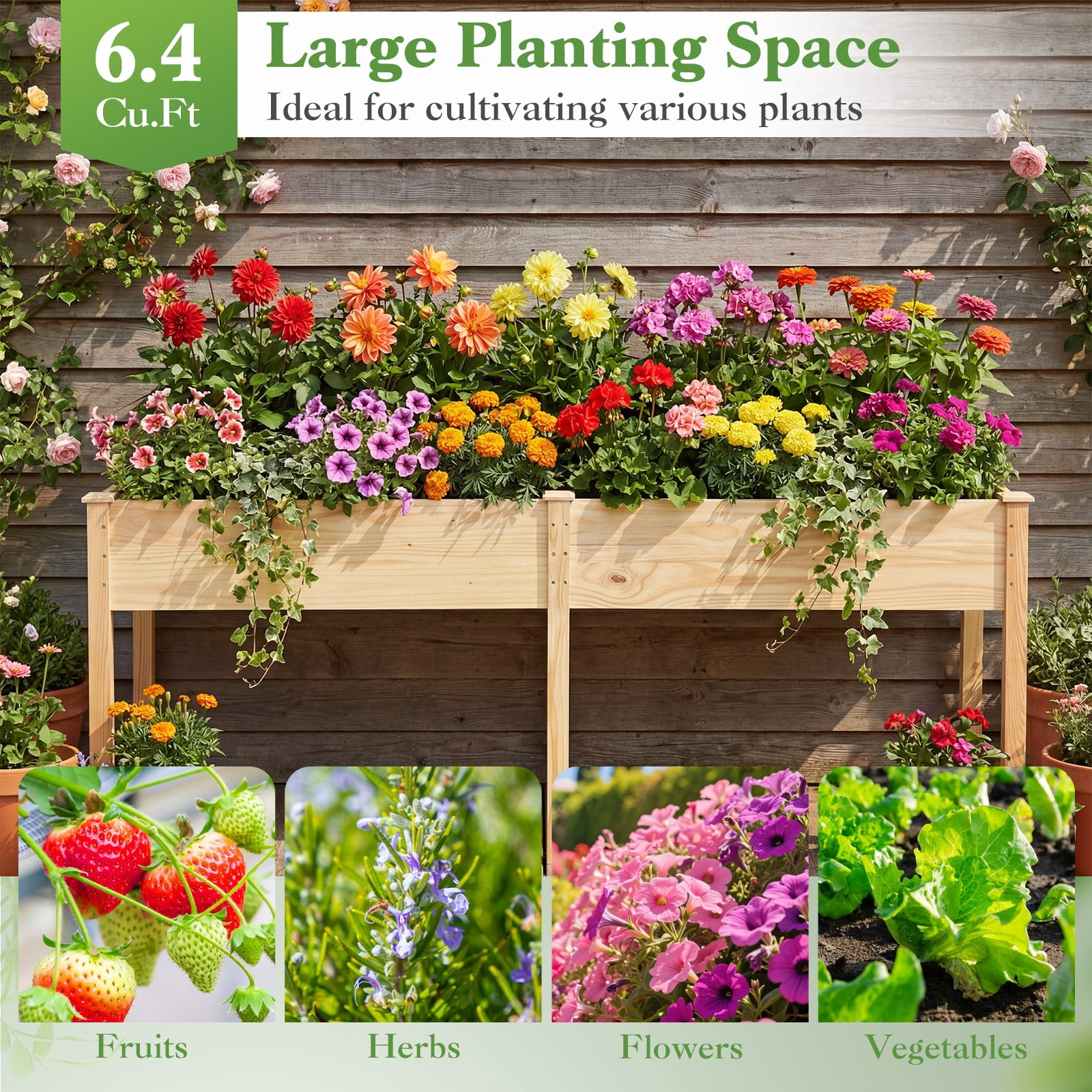 Costway Outdoor Raised Garden Bed with Legs 73x23x30in Wood Planter Box with Divider Panel Beige