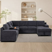 Kingway U-Shaped Upholstered Sectional with Sleeper Sofa, Console with USB & Chaise