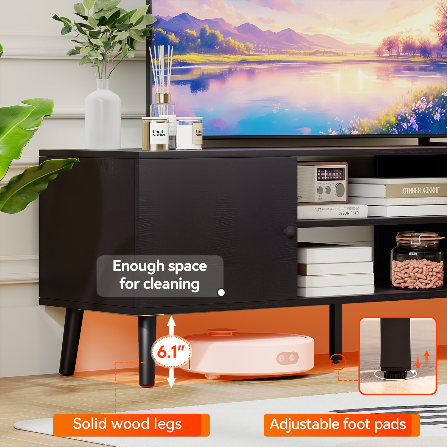 FDW TV Stand for 55 60 Inch TVs,with 2 Storage Cabinets and Open Shelves,Black