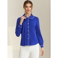thumbnail image 3 of Camisa casual de contraste con cuello Peter Pan para mujer, blusa de trabajo con mangas abullonadas Azul real S, 3 of 6