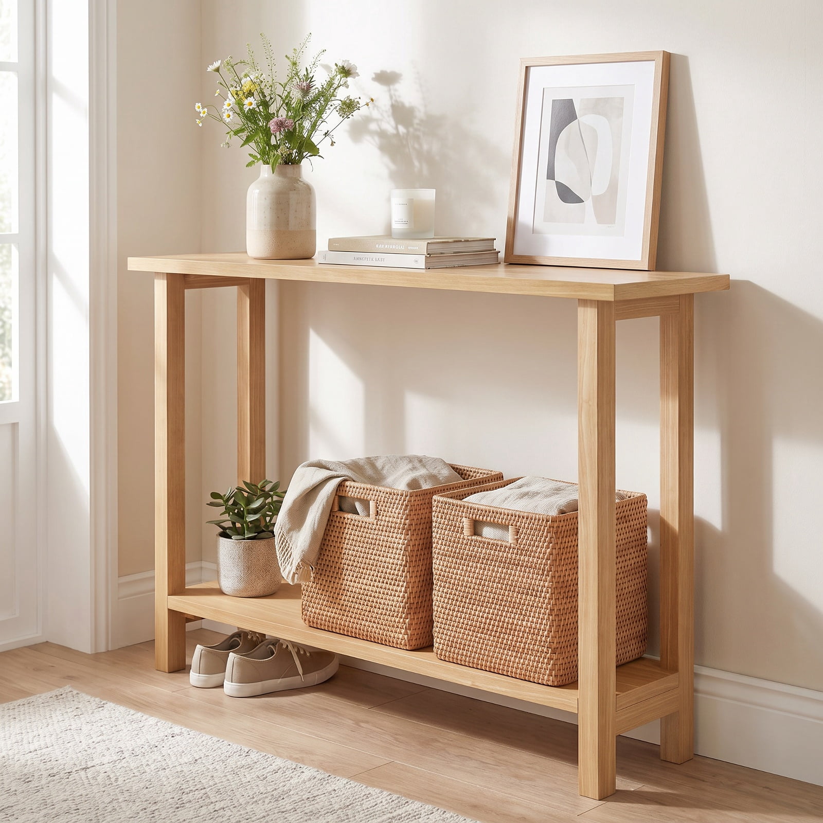 Furnibear 47 Inch Solid Teak Wood Console Table with Storage Shelf Farmhouse Sofa Table for Entryway Hallway Living Room, Natural