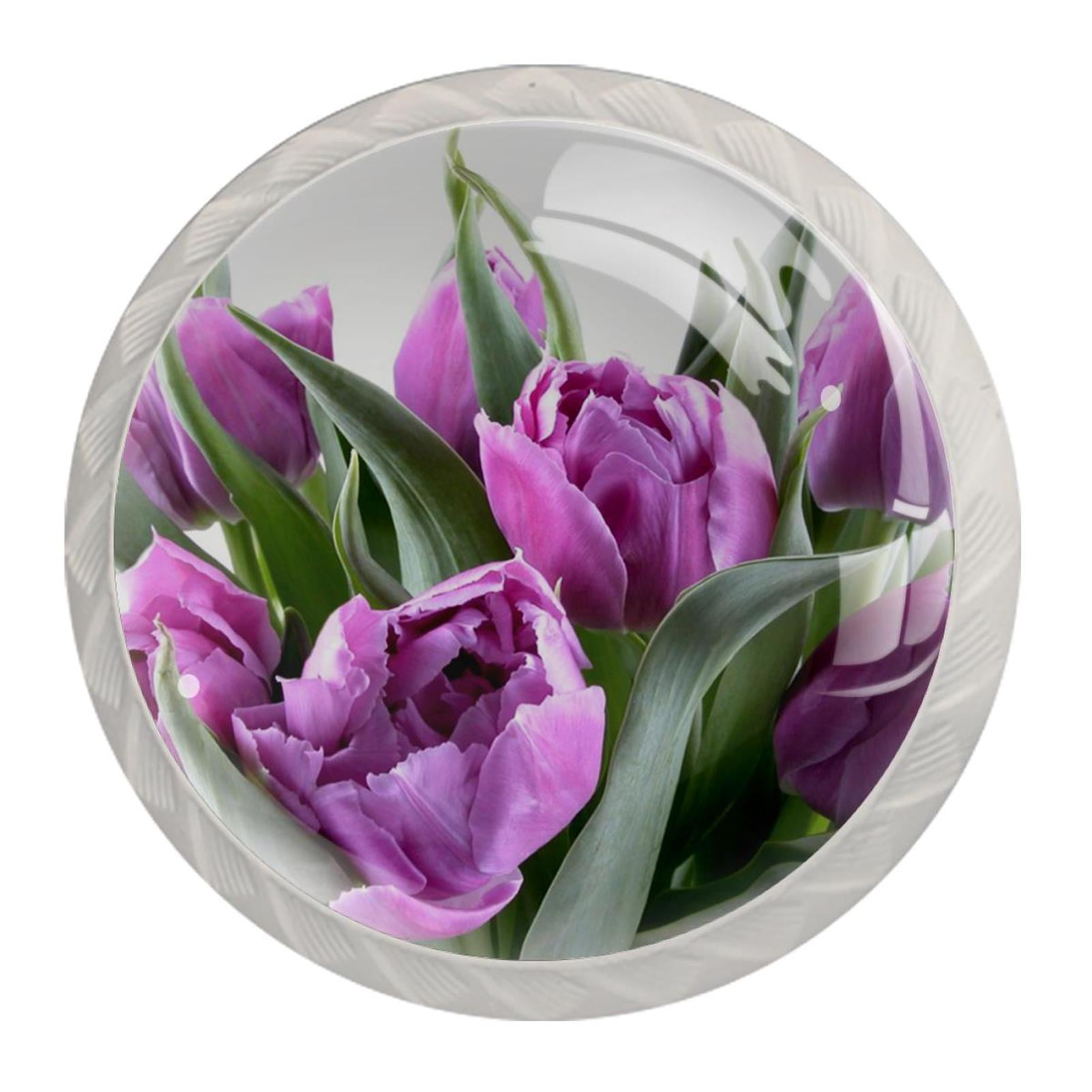 Ownta Purple Tulip Flower Round Glass Drawer Handles Knobs Pulls with