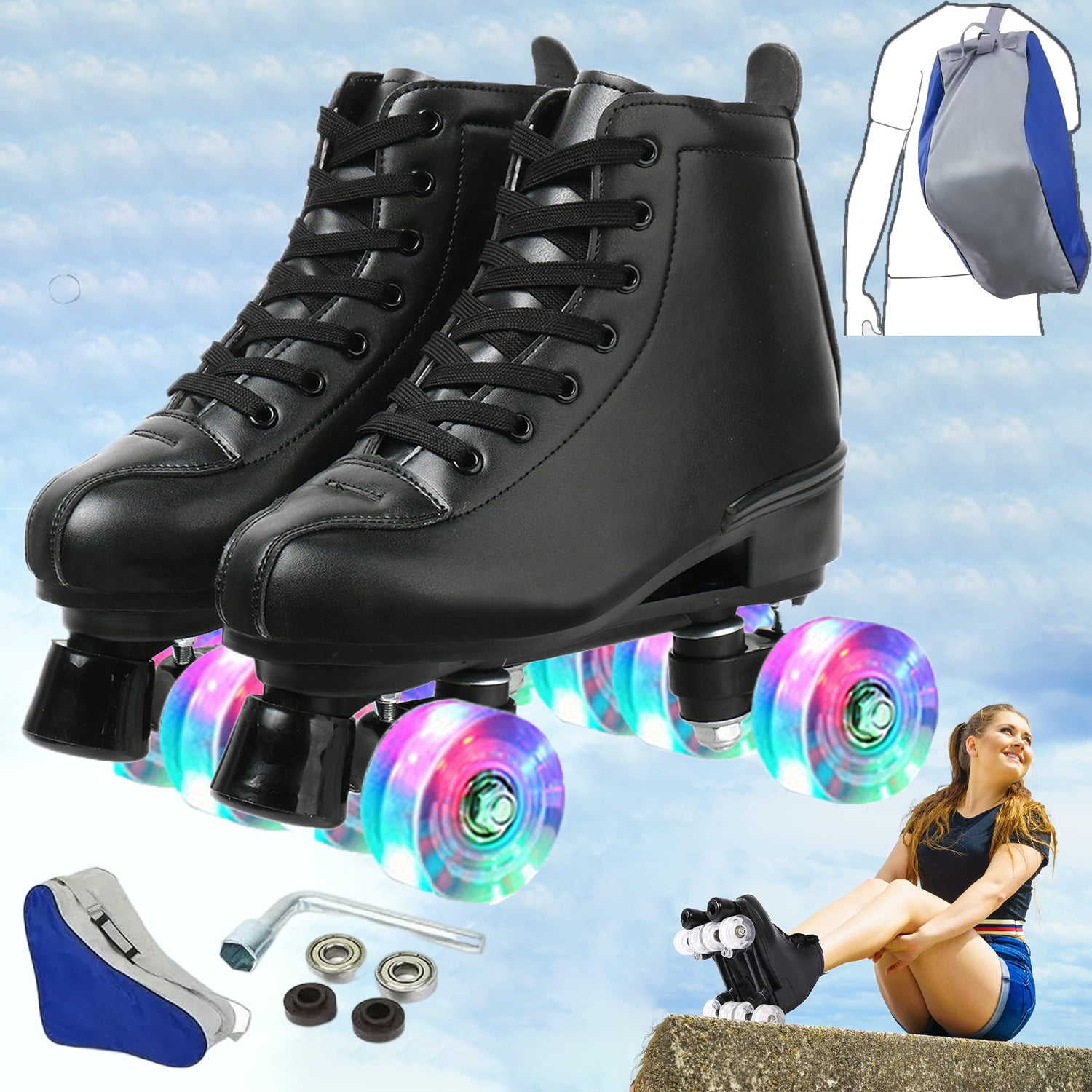 Black Roller Skates for Adult Classic HighTop Quad Skates High TopDoubleRow Shiny Skates