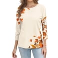thumbnail image 5 of Womens Crew Neck 3/4 Length Sleeve Tees Fall Leaf Graphic Print Loose Fit Casual Shirts Curved Hem Lightweight Dressy Tunic Tops ,S,Ginger, 5 of 7