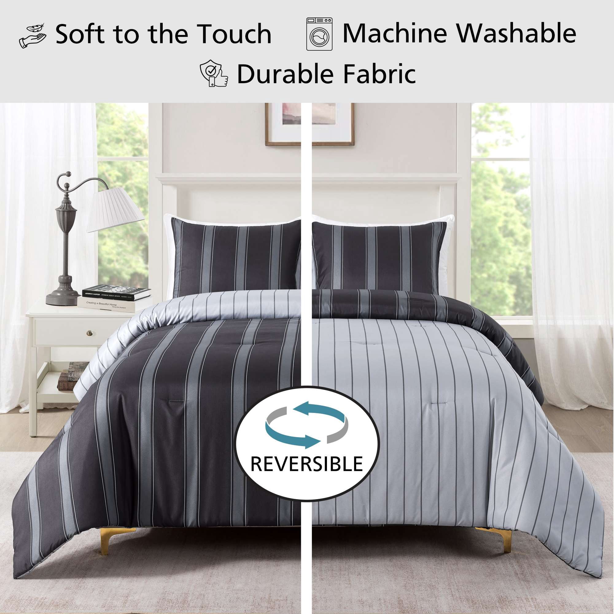 Mainstays Full/Queen Comforter Set, All-Season, 3-Piece, Dark Grey Stripe