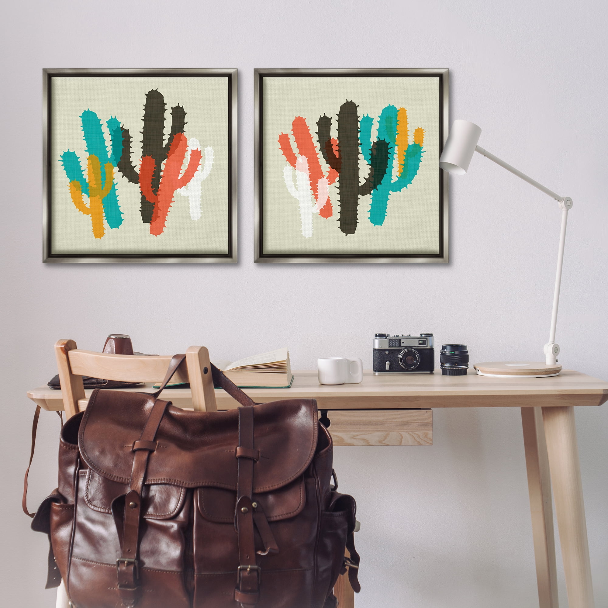 Stupell Industries Vibrant Overlapping Cactus Abstract Painting Gray Floater Framed Canvas Art Print Wall Art, 25 x 25, Set of 2