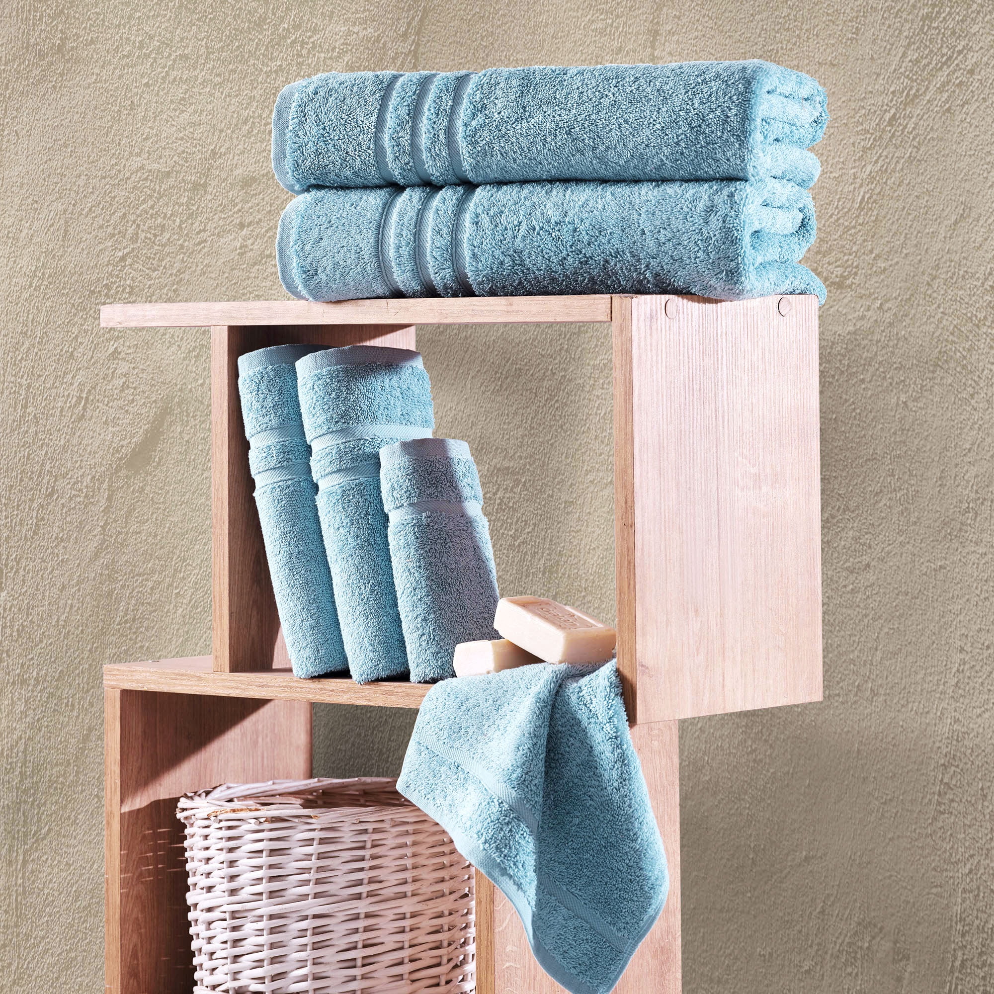 Hawmam Linen Light Blue - 6-Piece Bathroom Set: 2 Bath Towels, 2 Hand Towels, 2 Washcloths, 100% Turkish Cotton, Quickdry, High Absorbent, Luxury Bathroom Accessories, Dorm Room Essentials