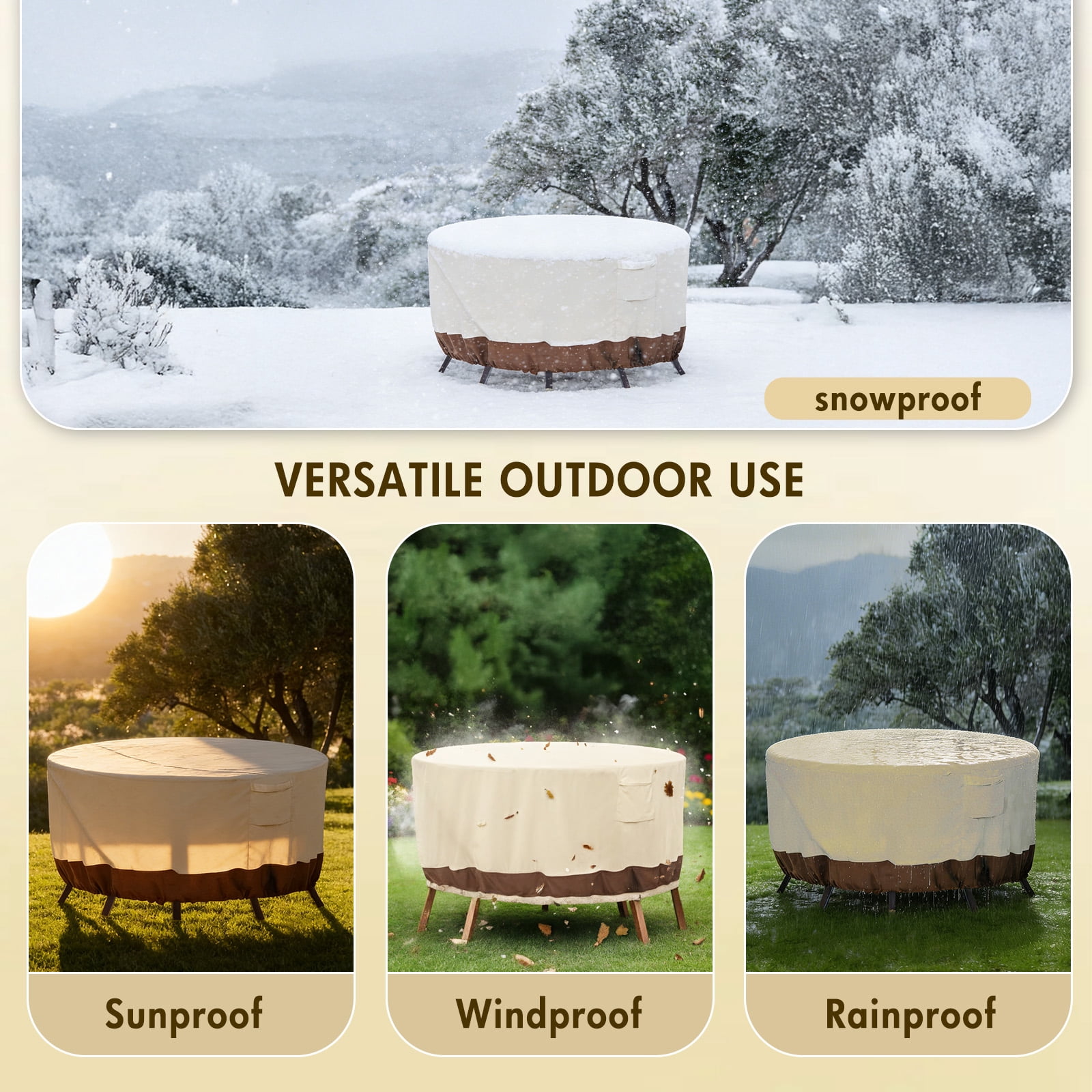 Round Patio Furniture Covers, 84" Dia Outdoor Furniture Covers, Waterproof Outdoor Table Cover, Fire Pit Cover, 420D Cover for Outdoor Furniture Set, Beige&Brown