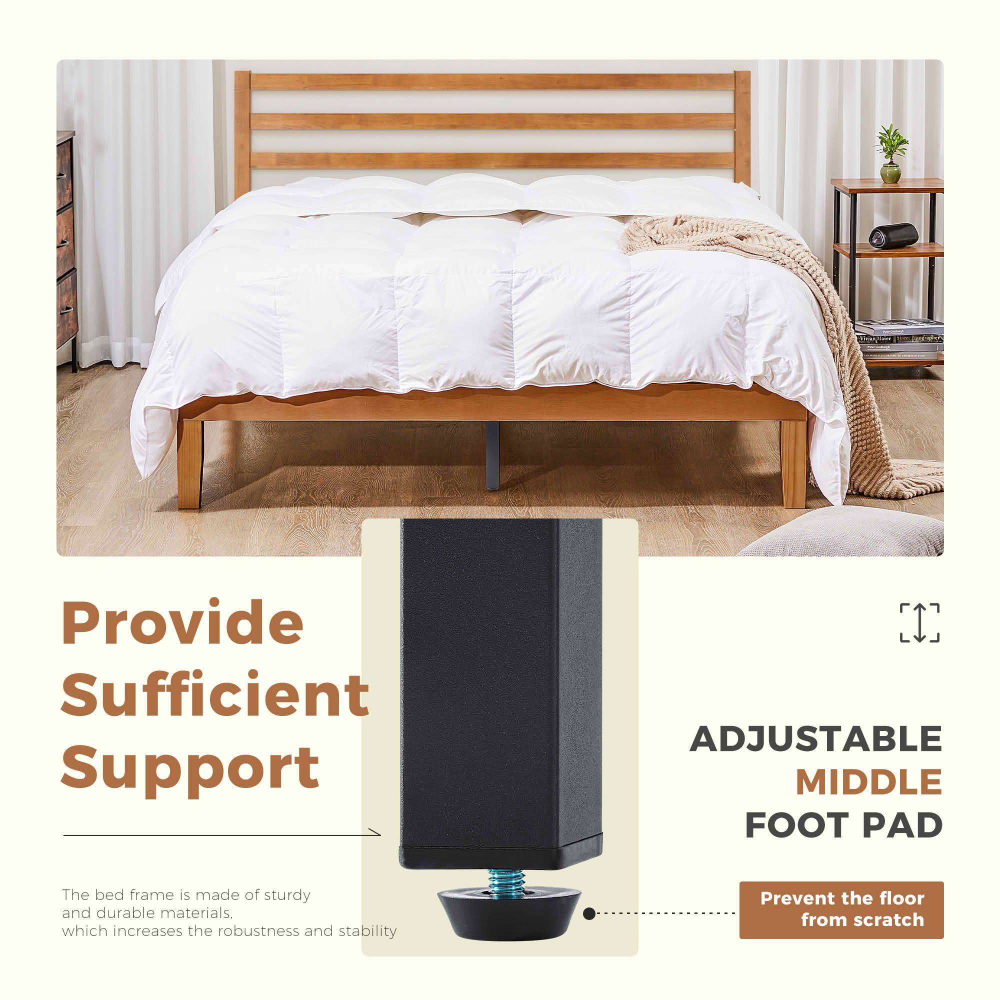 MAYEERTY Full Size 1100 LBS Heavy Duty Solid Wood Bed Frame Mattress Base with Headboard Wooden Slat Support No Box Spring Needed