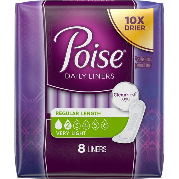 Poise Daily Liners, Incontinence Panty Liners, 2 Drop Very Absorbency, Regular Length, 8 Count of Pantiliners