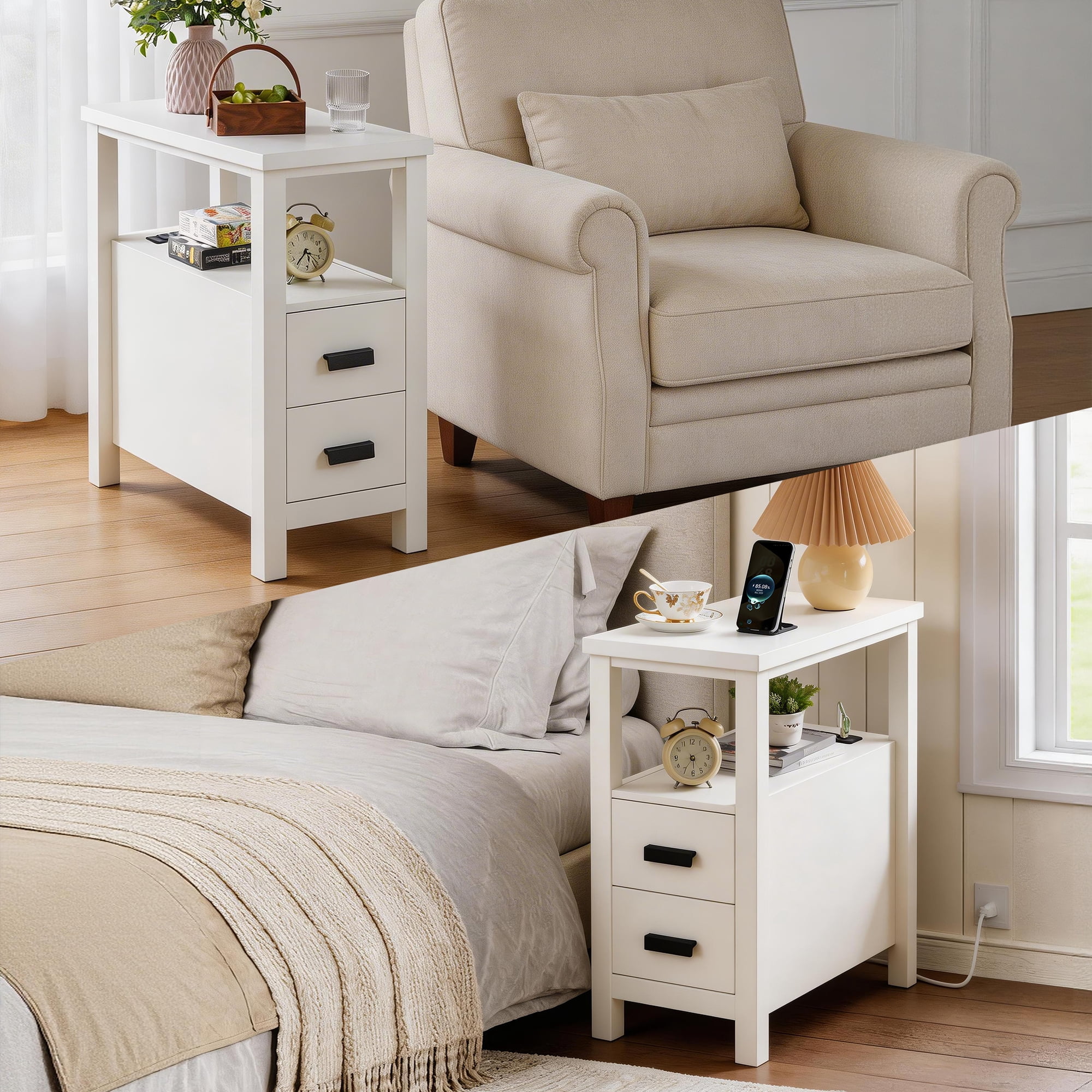 Leumius End Table with 2 Drawers & Charging Station,Side Tables with USB Ports & Outlets,Small Wood Bedside Table for Living Room Bedroom,White