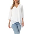 thumbnail image 4 of INSPIRE CHIC Women's High Low Tops Dressy Casual 3/4 Bell Sleeve V Neck Asymmetrical Hem Shirt Chiffon Blouse S Whites, 4 of 6