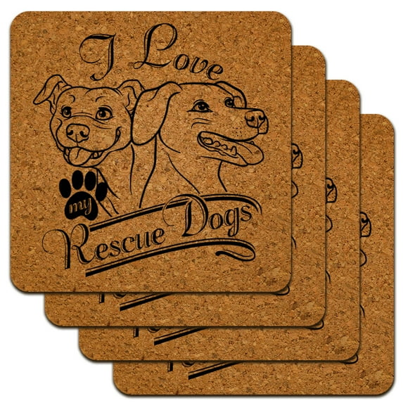 I Love My Rescue Dogs Low Profile Novelty Cork Coaster Set