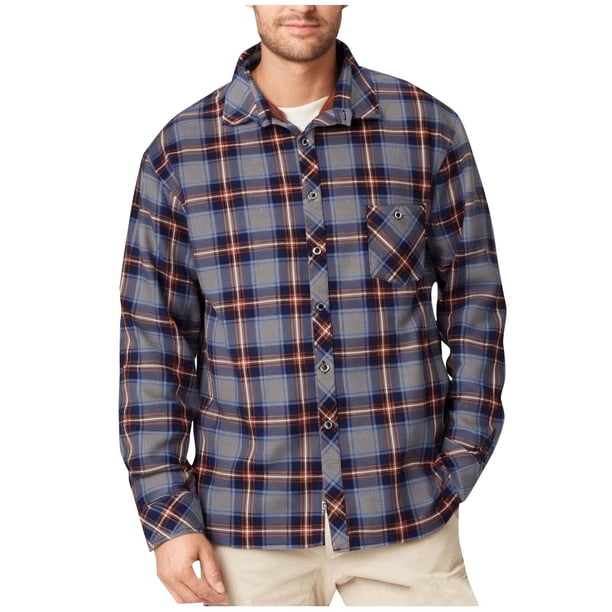Blusa y camisa de manga larga con cuello vuelto para hombre, blusa informal a cuadros con botones y bolsillos, blusa de poliéster para hombre