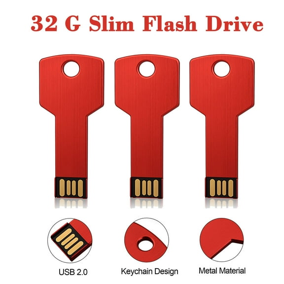 3Pack 32GB USB 2.0 Flash Drive for Key TOPESEL Metal Key Shape Slim Thumb Drive Memory Stick Pen Drive Red