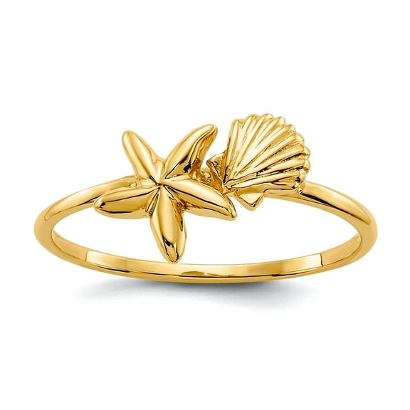 14k Yellow Gold Solid Textured Polished Shell and Starfish Ring Size 7.00 Ring for Women