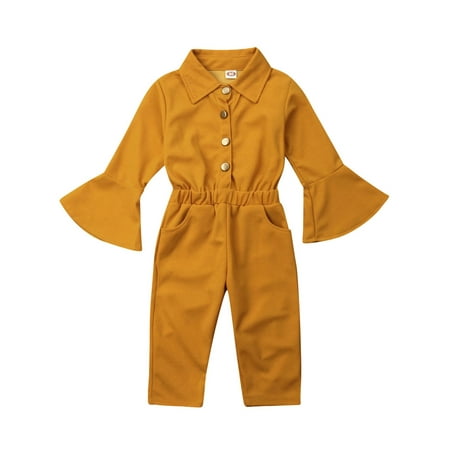 

Toddler Baby Girls Solid Color Flare Sleeve Fall Jumpsuit Outfit with Pockets