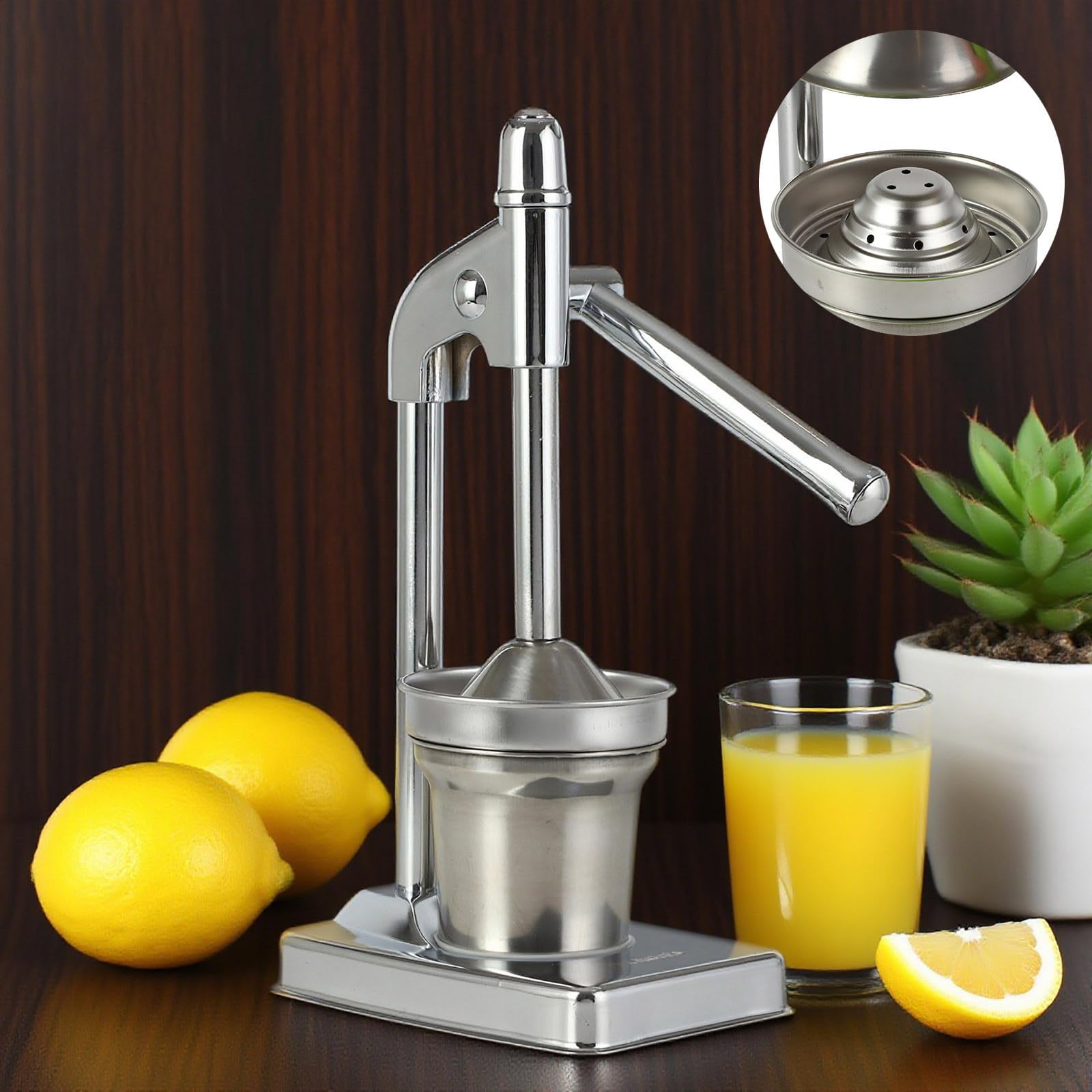 Manual Citrus Juicer, Heavy Duty Stainless Steel Lemon Orange Squeezer with Pulp Strainer, Non-Slip Base, Easy Clean Hand Press for Fresh Juice