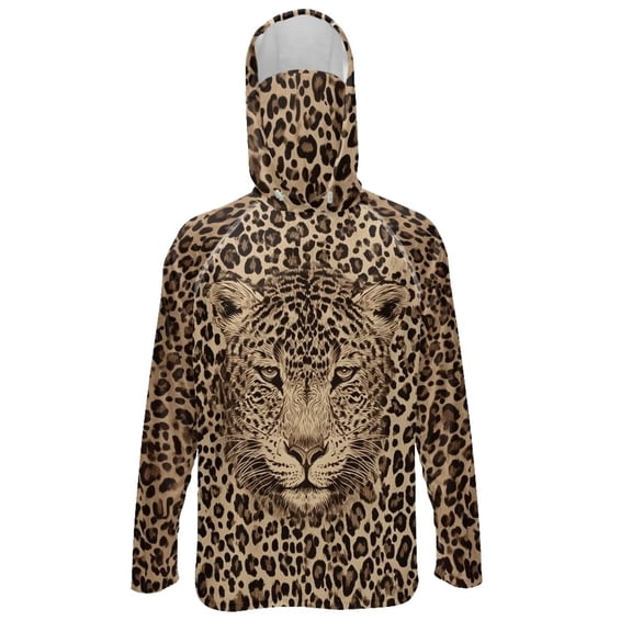 SEANATIVE Sun Protection Fishing Hoodie for Men, Long Sleeve Hooded Full Coverage Fishing Shirt Workout Camping Running Hooded Top with Mesh Face Mask, S, Leopard Print Brown Beige