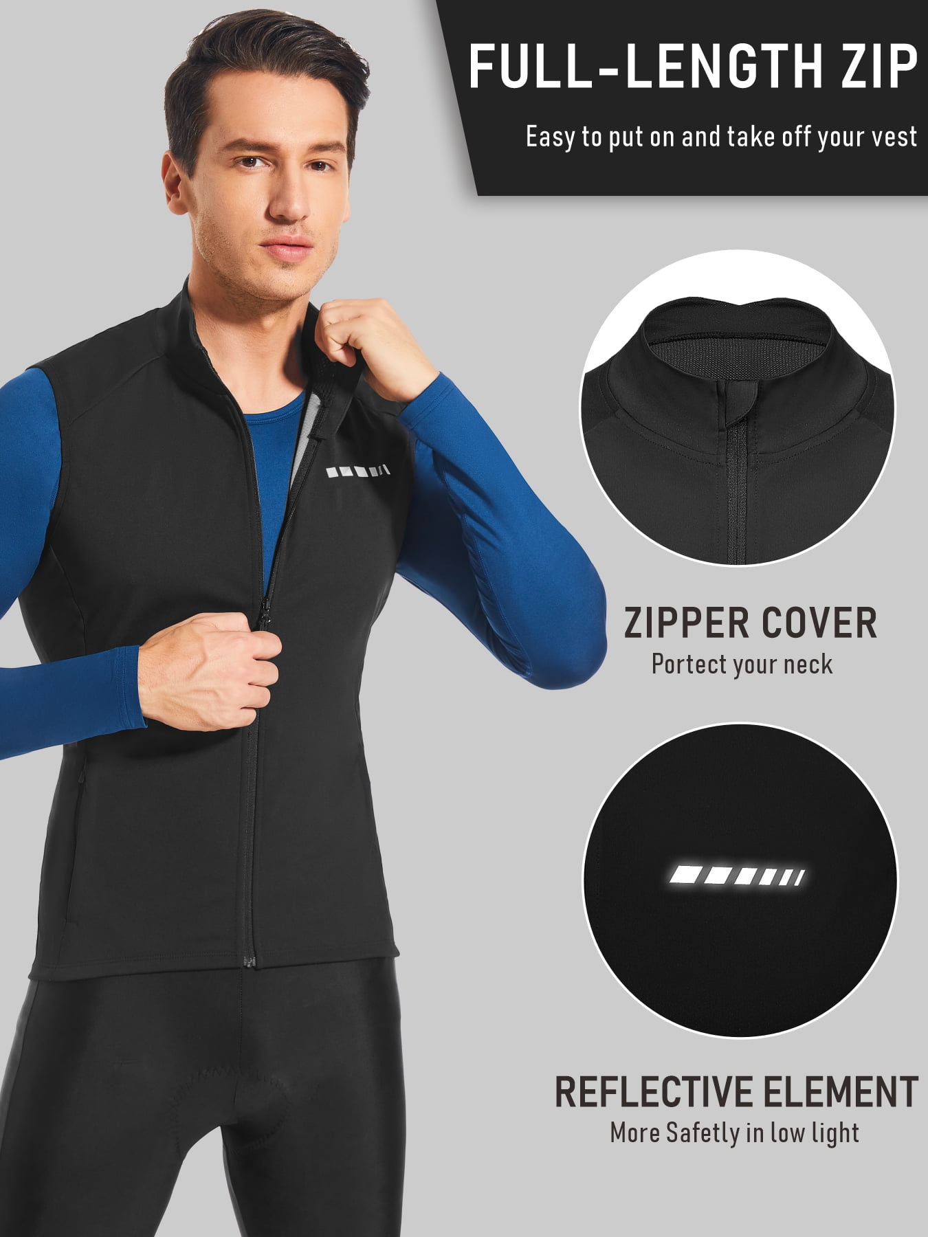 Leopatrix Men's Windproof Cycling Vest, Full-Zip Winter Sleeveless Bike Jacket with Zip Pockets for Cycling,Running,Hiking
